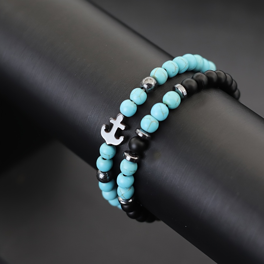 2pcs Vintage Stone Beads Stackable Anchor Bracelets for Men